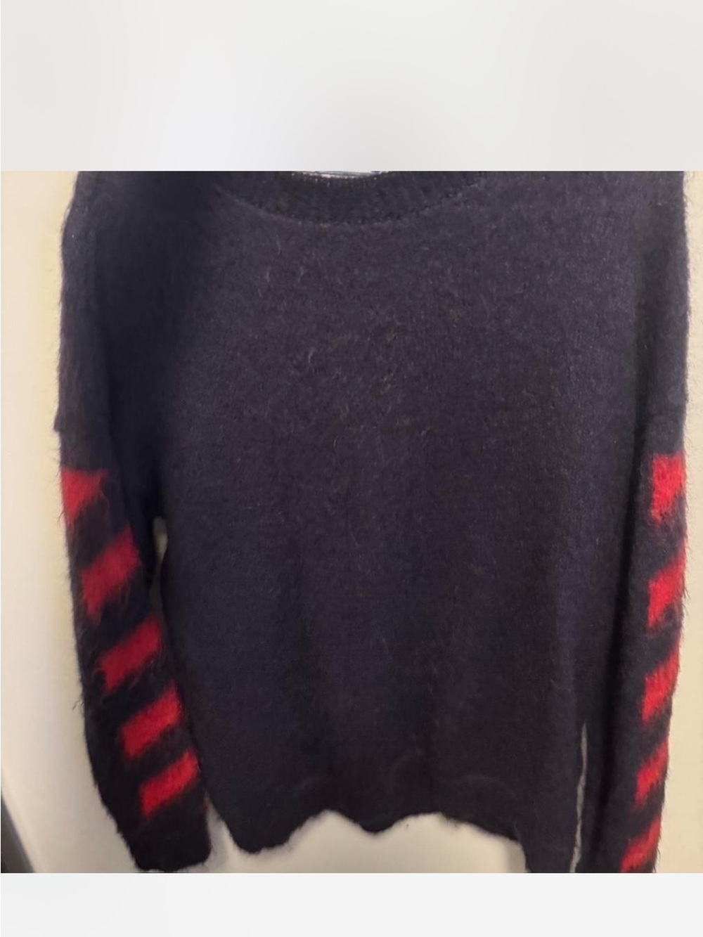 Off-White Black Crewneck Sweater with Red Diagonal Sleeve Stripes